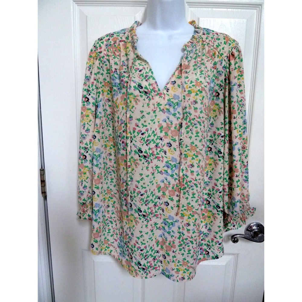 Carolina Belle Montreal Floral Ruffle Balloon Sleeve Blouse Multicolor Plus 1X